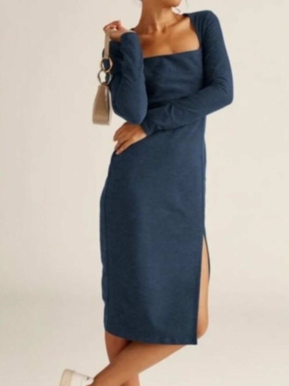 Beyond Yoga Spacedye Impress Midi Square Neck Long Sleeve Dress in Navy